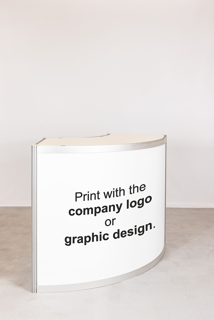 Graphic printing on the front of the curve info desk