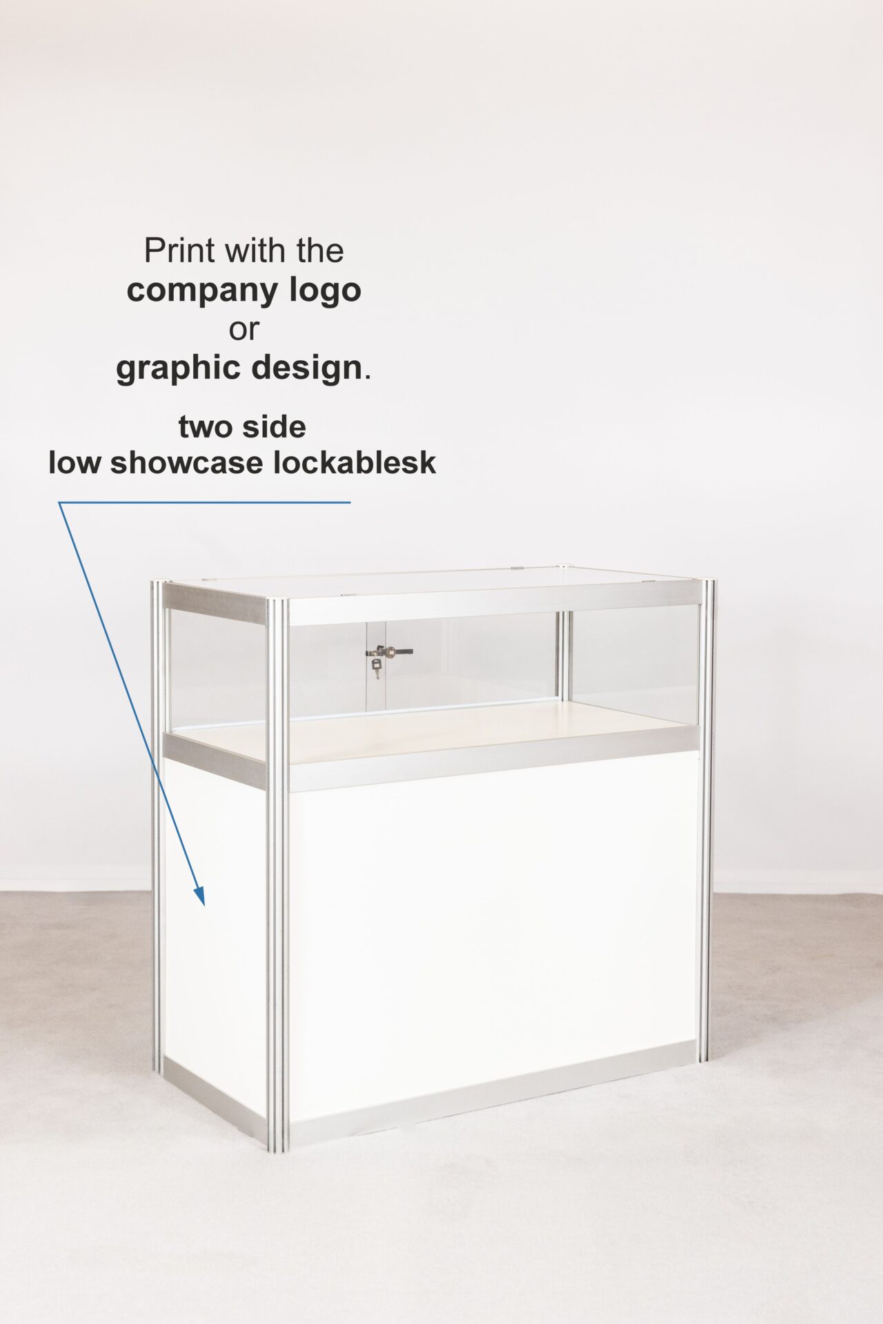 Graphic printing on 2 sides of the low lockable showcase